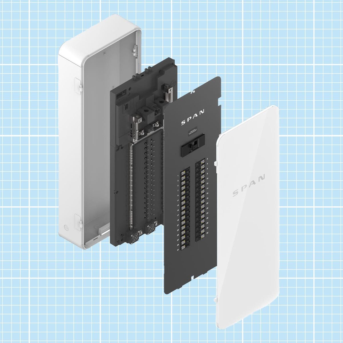 A white electrical panel is partially disassembled, revealing internal components and connections, set against a light blue grid background.