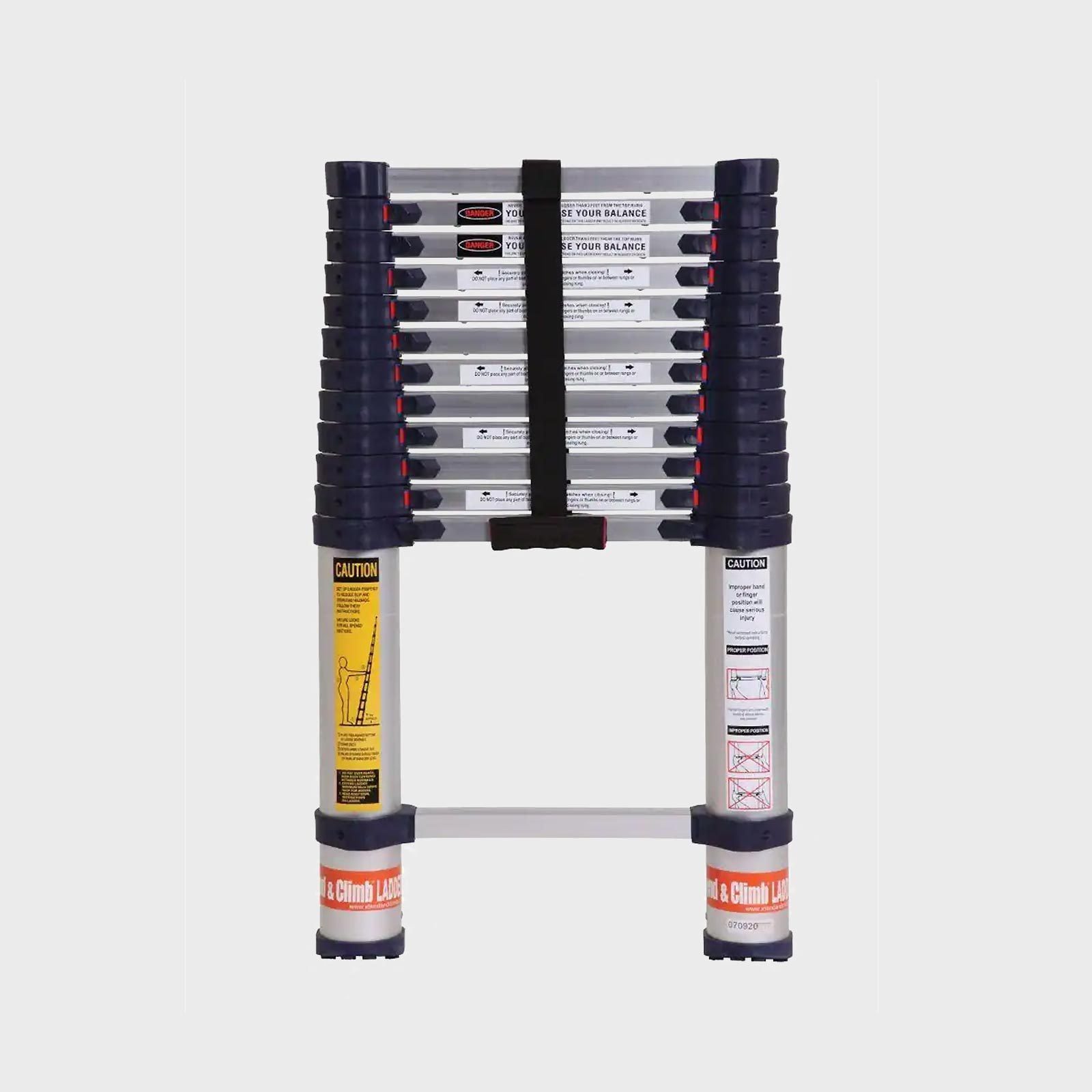 A collapsible ladder stands upright, secured with a strap. It features multiple segments, with caution labels visible on one side, indicatin