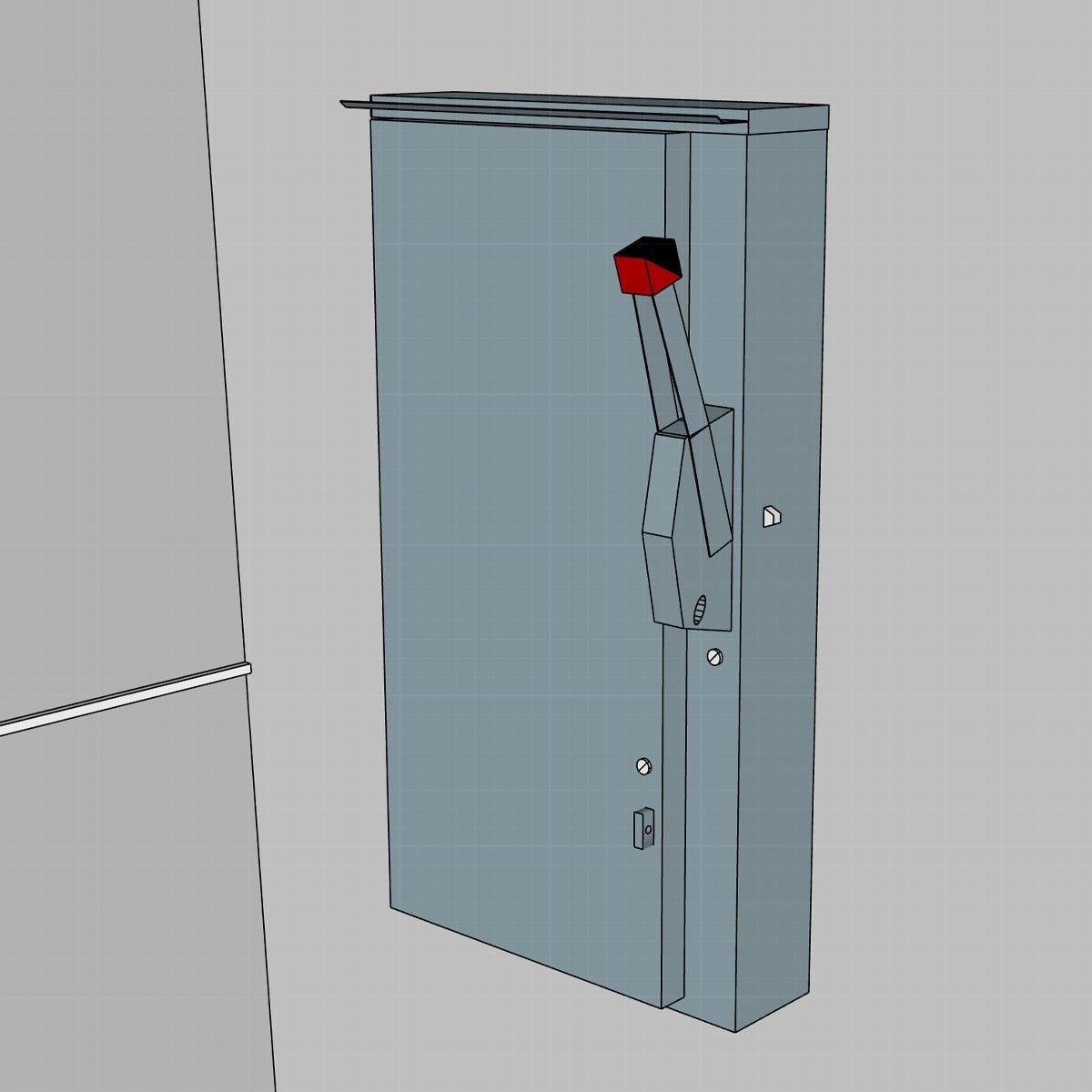 A metallic control panel contains a lever positioned vertically. The panel is mounted on a wall, suggesting usage in a technical or industri