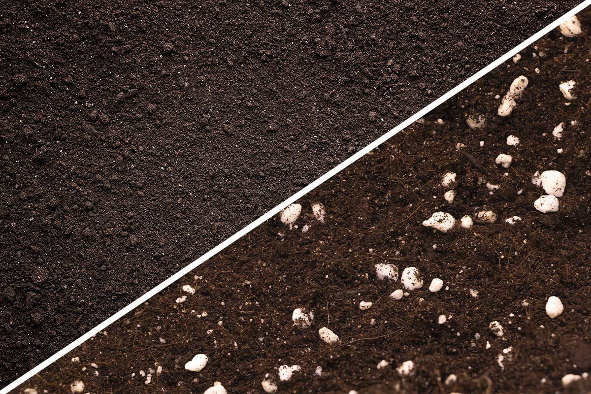 Two distinct layers of soil are shown; the upper layer is smooth and dark, while the lower layer has white clumps mixed in.
