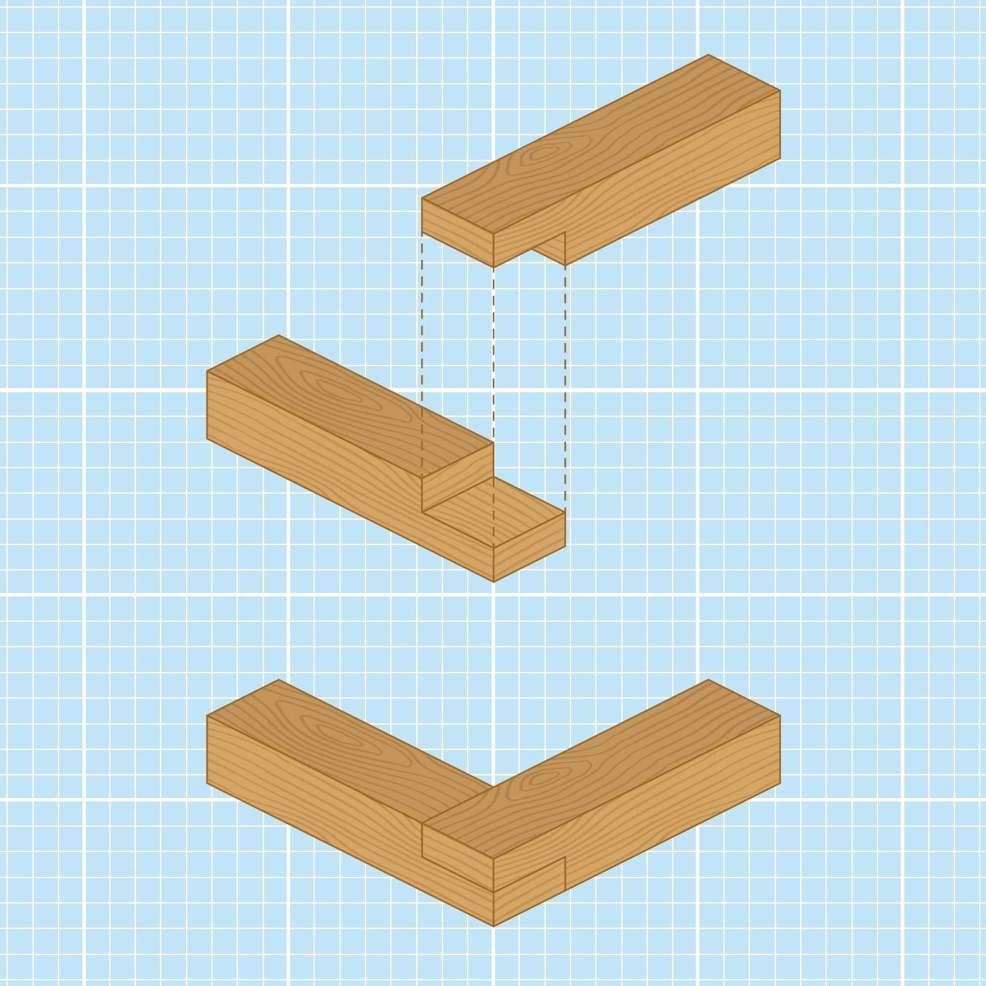 Wooden pieces interconnect, demonstrating joinery techniques. They are arranged on a blue grid background, emphasizing their precise alignme