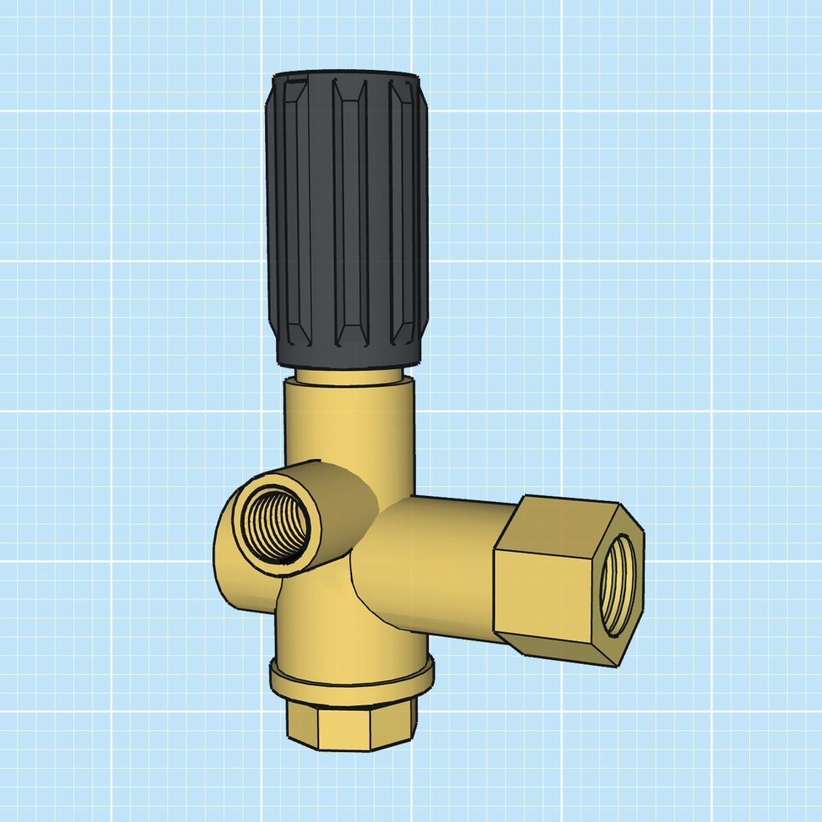 A brass valve with a black knob adjusts flow direction and pressure, set against a light blue grid background.