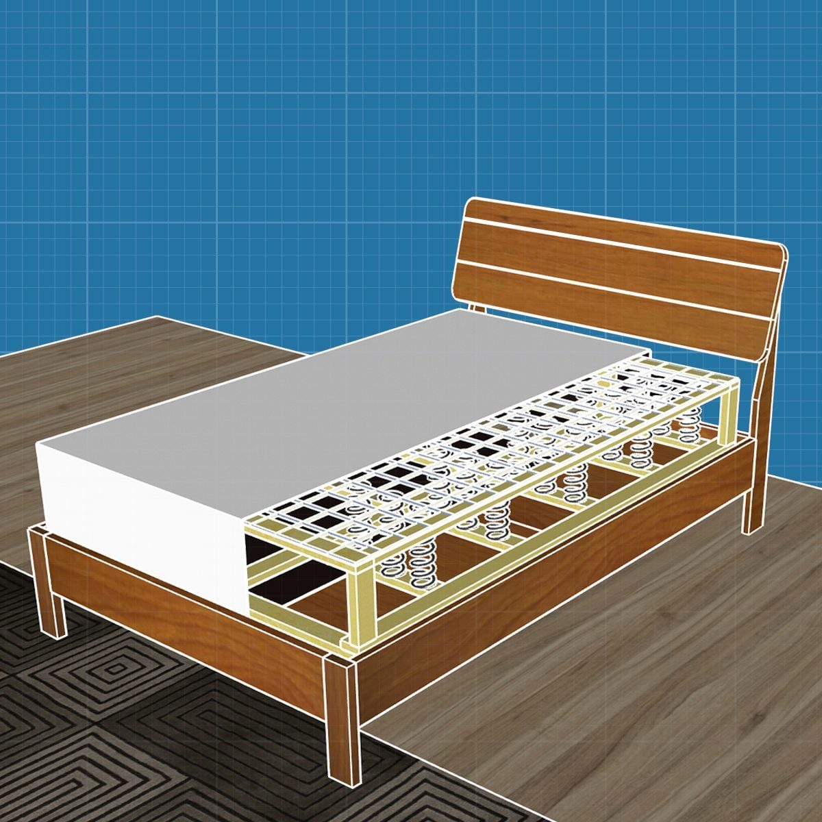 A wooden bed frame supports a mattress and springs, showcasing its structure against a blue grid background and a patterned floor.