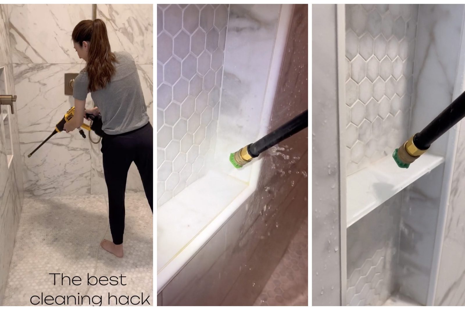 A person uses a pressure washer to clean a shower, spraying water on tile and basin surfaces in a modern bathroom setting.