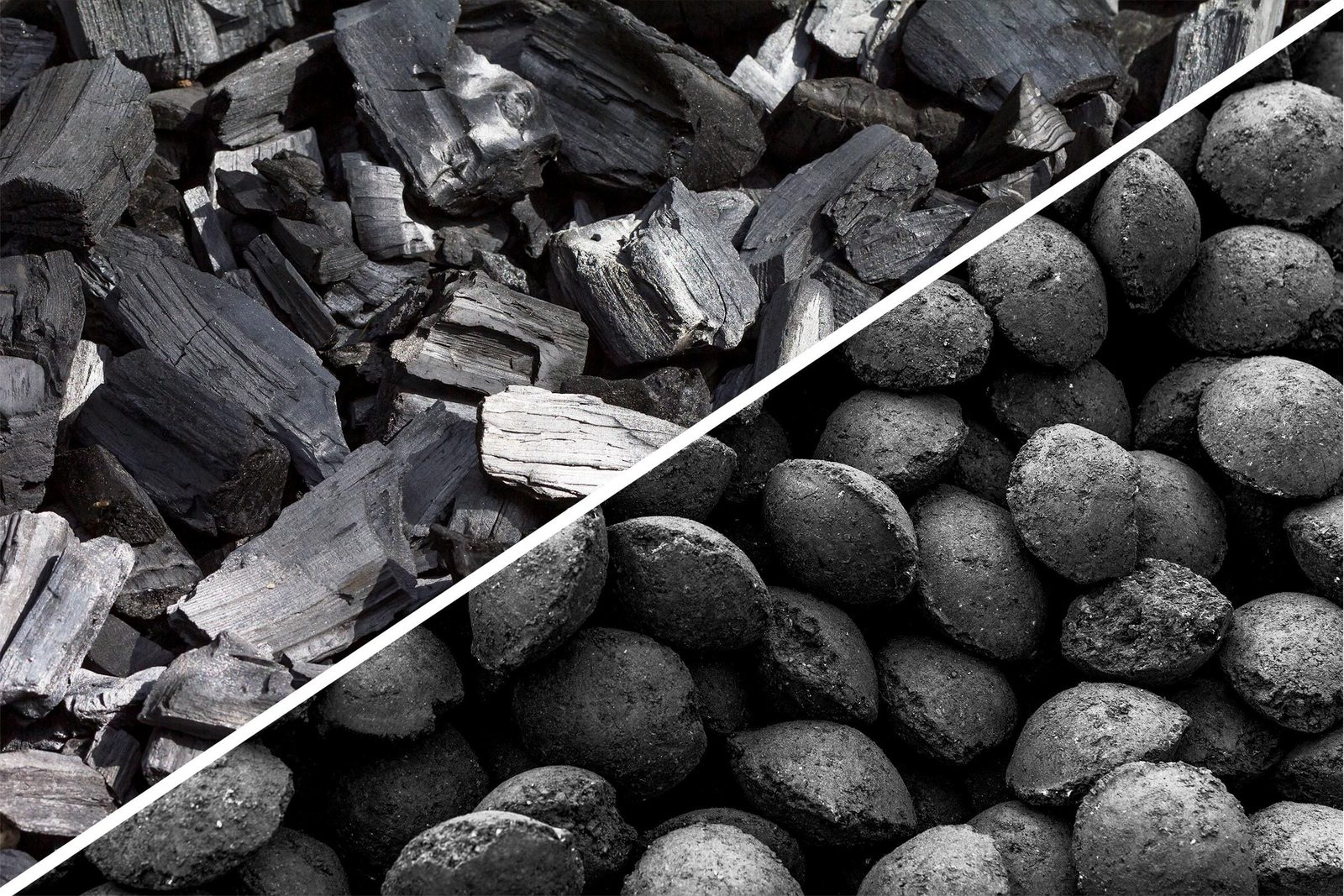 Chunks of charcoal and round briquettes are displayed, showcasing different forms of charcoal used for grilling or heating in a split view f