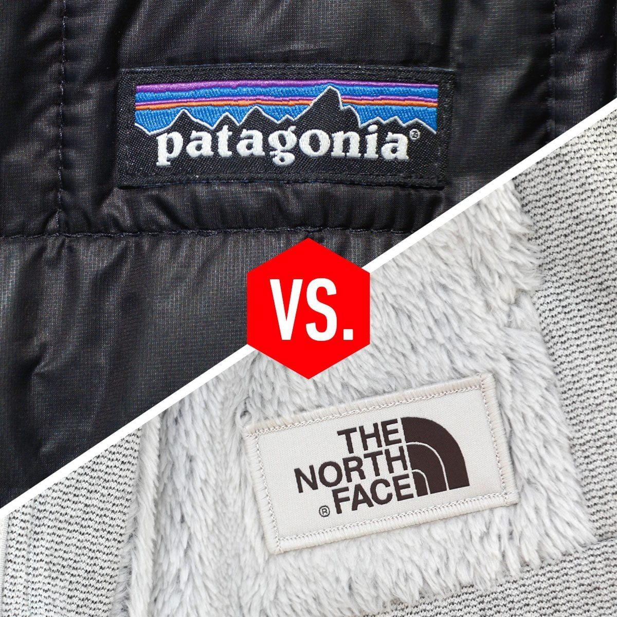 Two clothing labels are displayed side by side. One features "patagonia" and the other "THE NORTH FACE," indicating a comparison between the