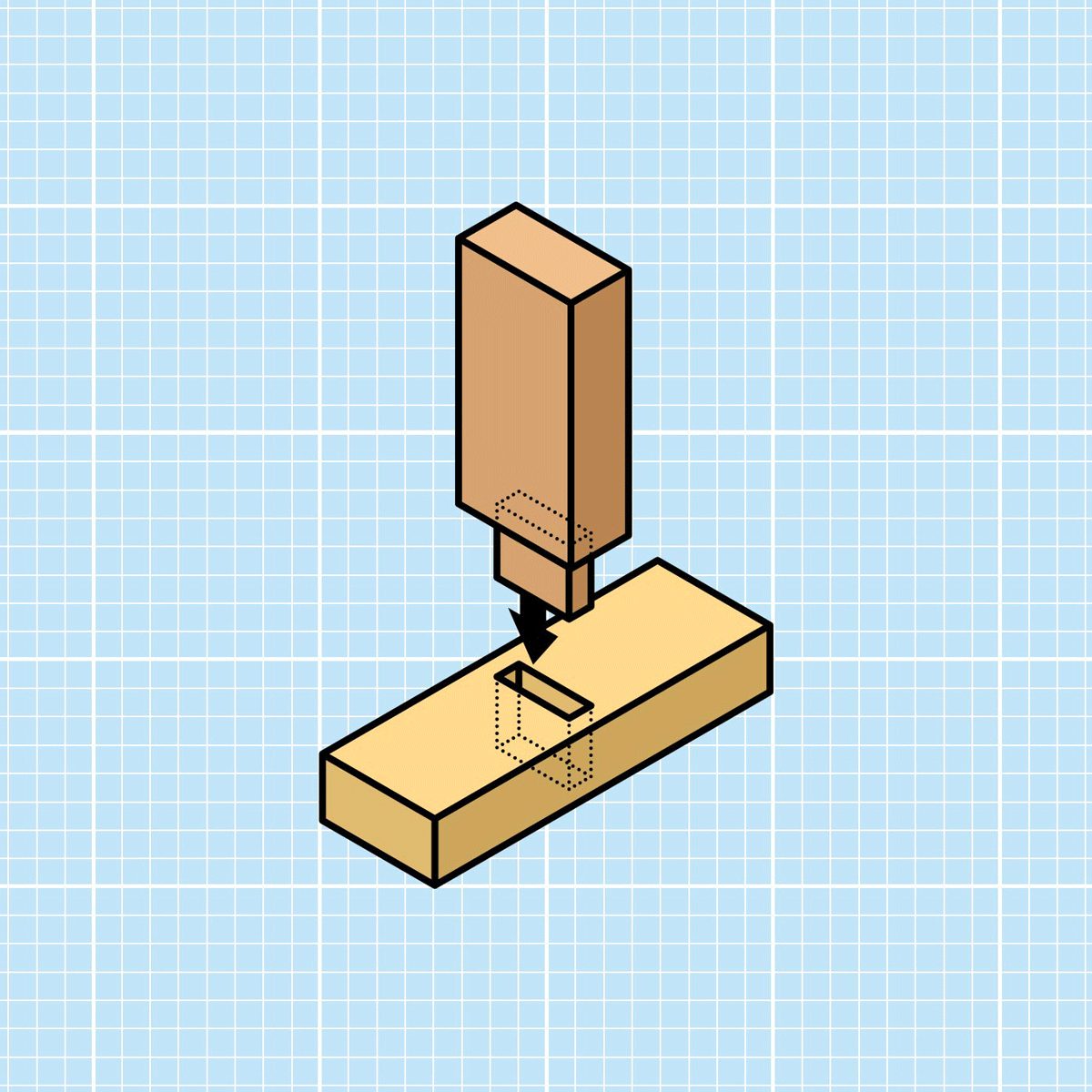 A wooden block supports a vertical chisel that is cutting a rectangular notch, set against a light blue grid background.