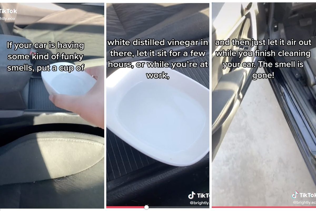 A hand holds a cup of vinegar, placing it inside a car to eliminate odors while the car is waiting to be cleaned.