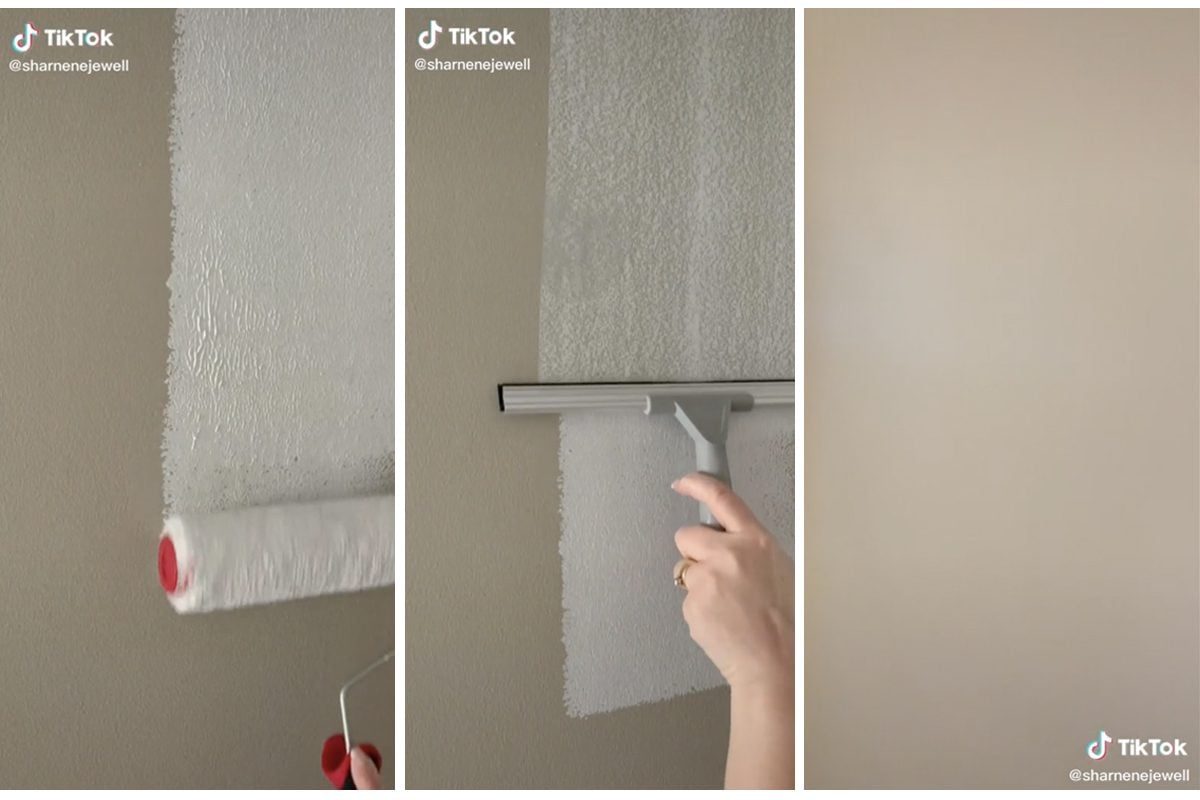 A paint roller applies white paint onto a wall, while a squeegee smooths the surface, transforming a textured finish into a flat appearance