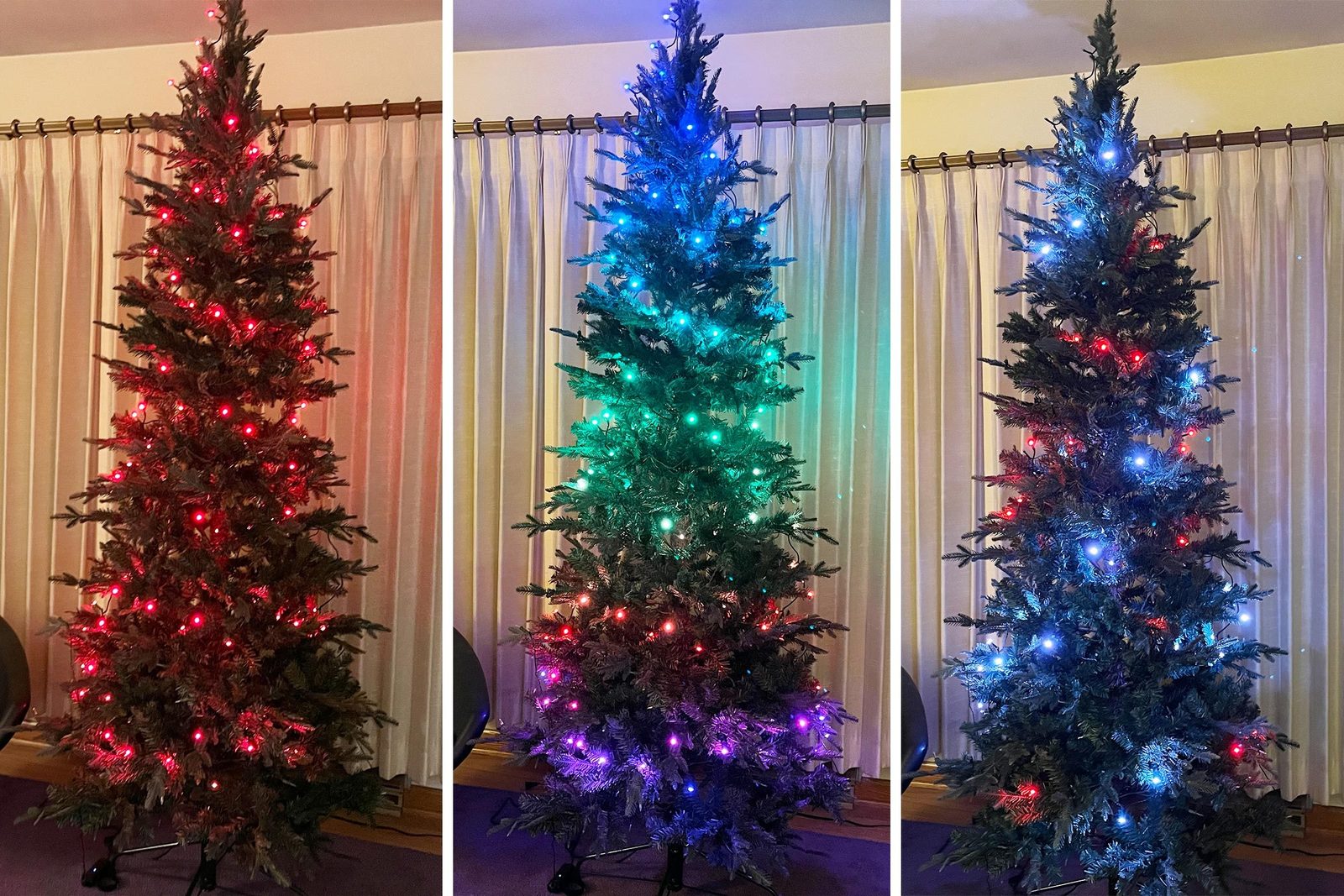 three different light settings on smart twinkly light tree