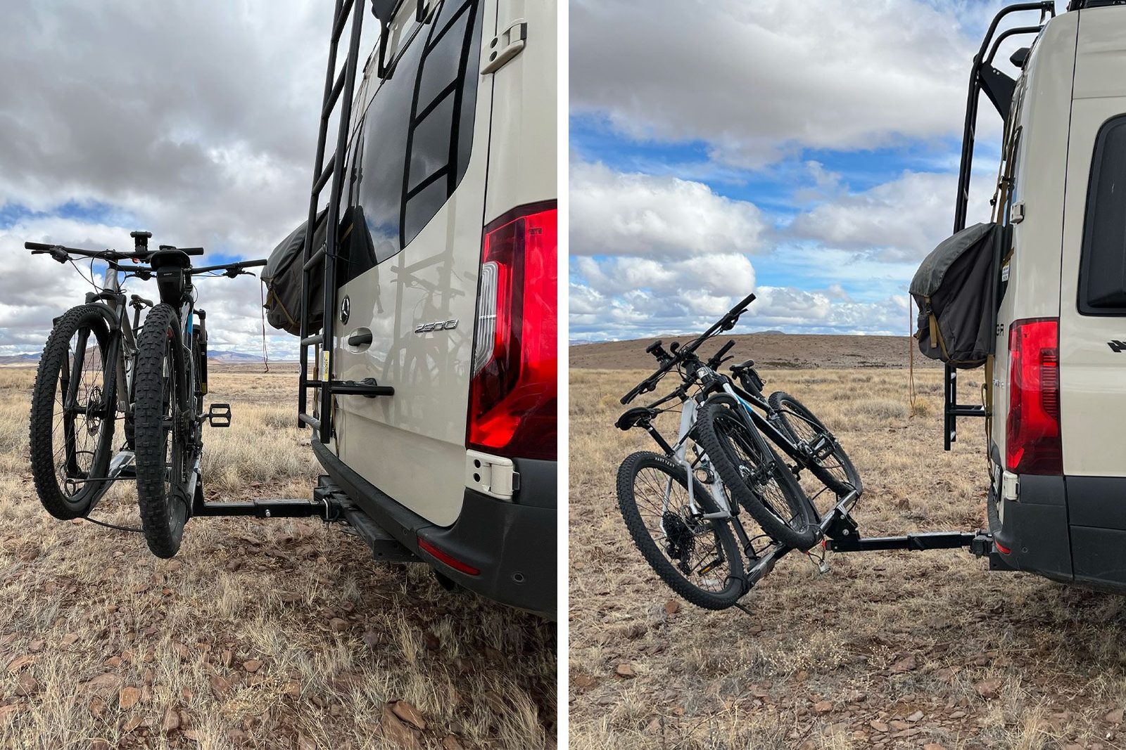 Bikes folded up and tilted down side by side