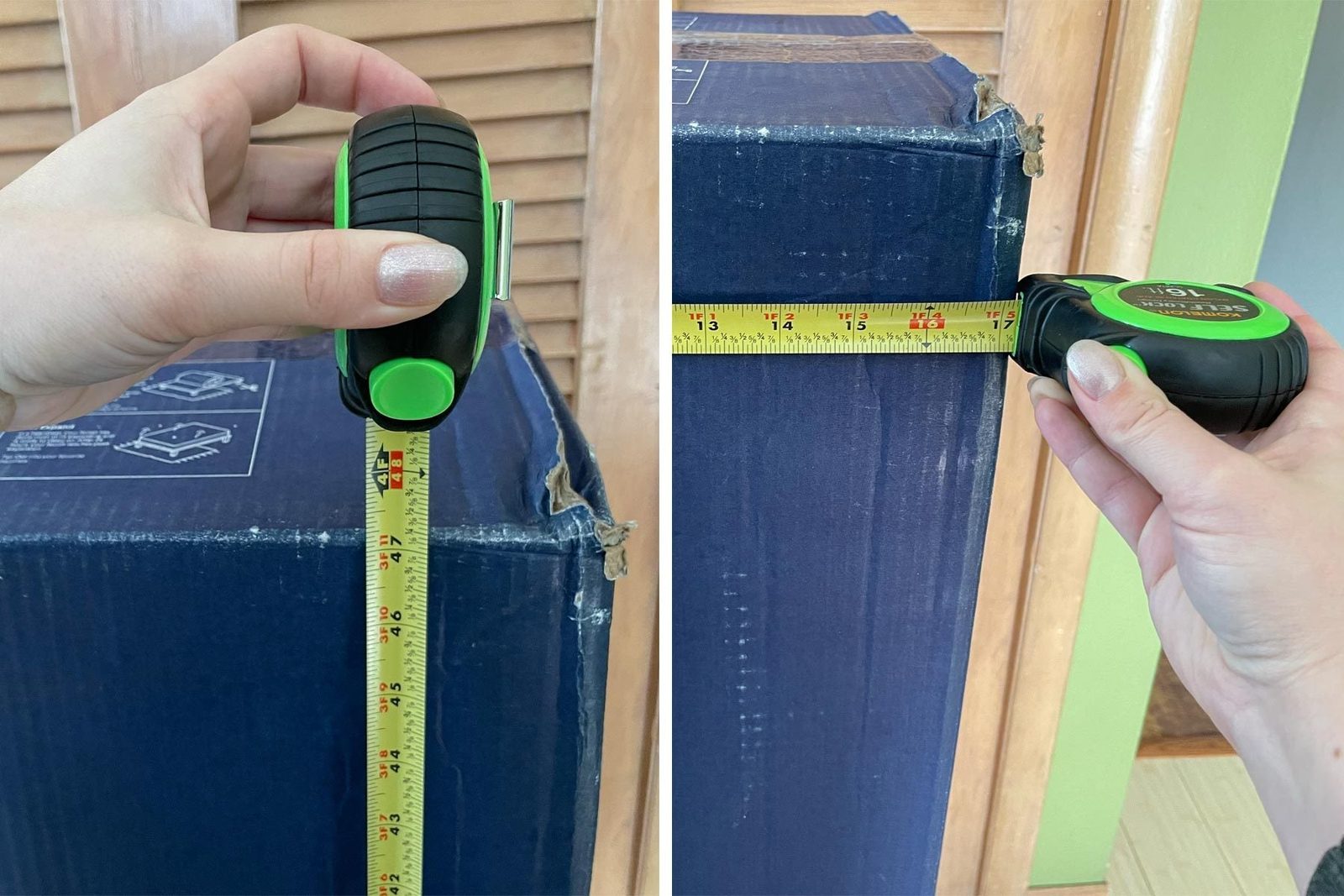 A woman measuring the mattress box through measuring tape