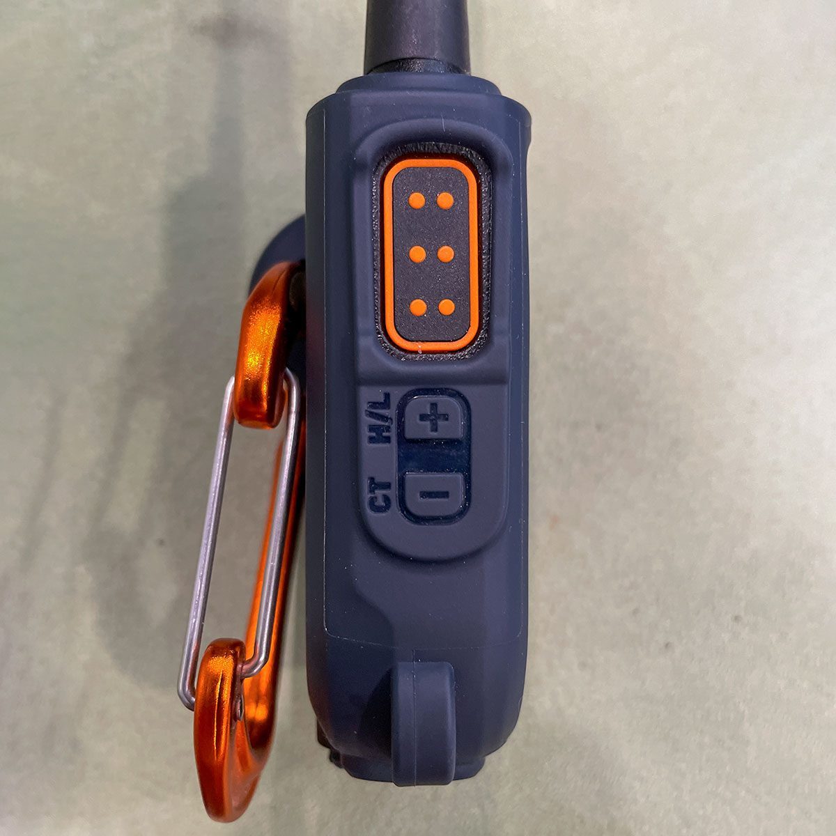 Orange Push Button on Rocky Talkie Rugged Two Way Radio