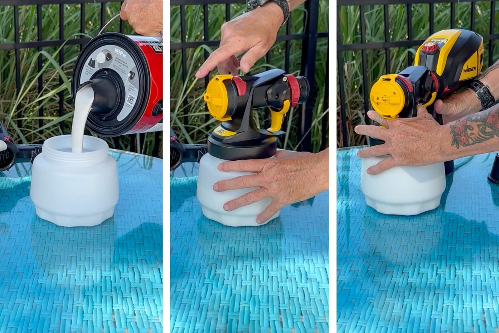 Three-panel image showing steps for using a paint sprayer. The first panel shows pouring paint into a sprayer container. The second panel depicts attaching the sprayer component