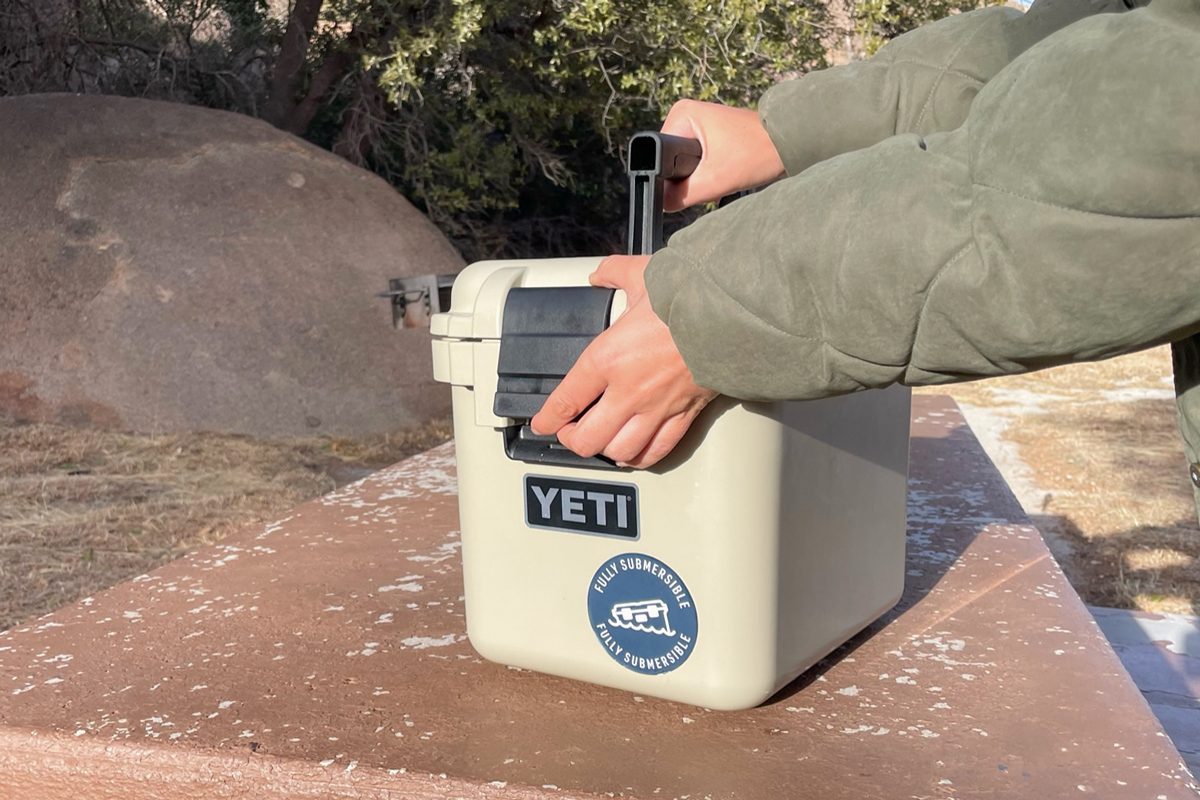 Locking the Yeti Loadout Gobox on a bench