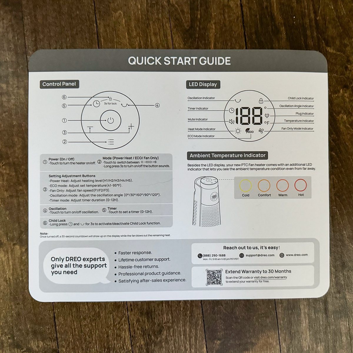 Quick start guide for a device showing labeled diagrams of the control panel and LED display, instructions for adjusting temperature and fan speed, and an ambient temperature
