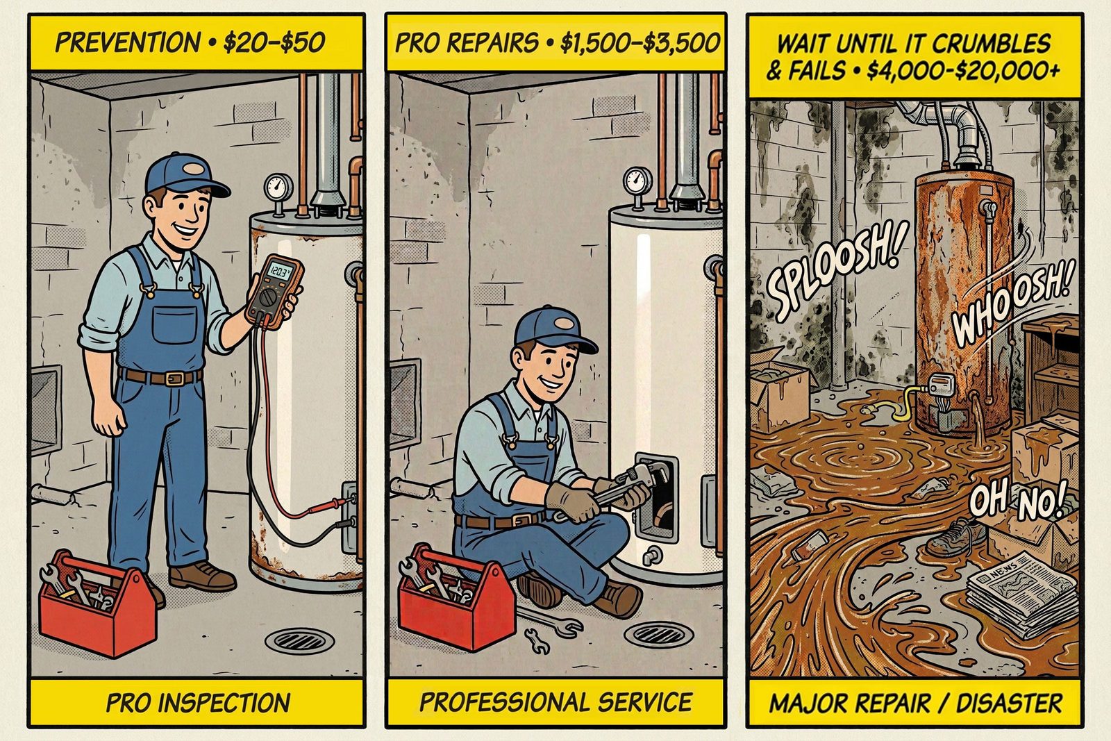 Cost Timeline showing three comic book panels for prevention, professional repairs and major damages.