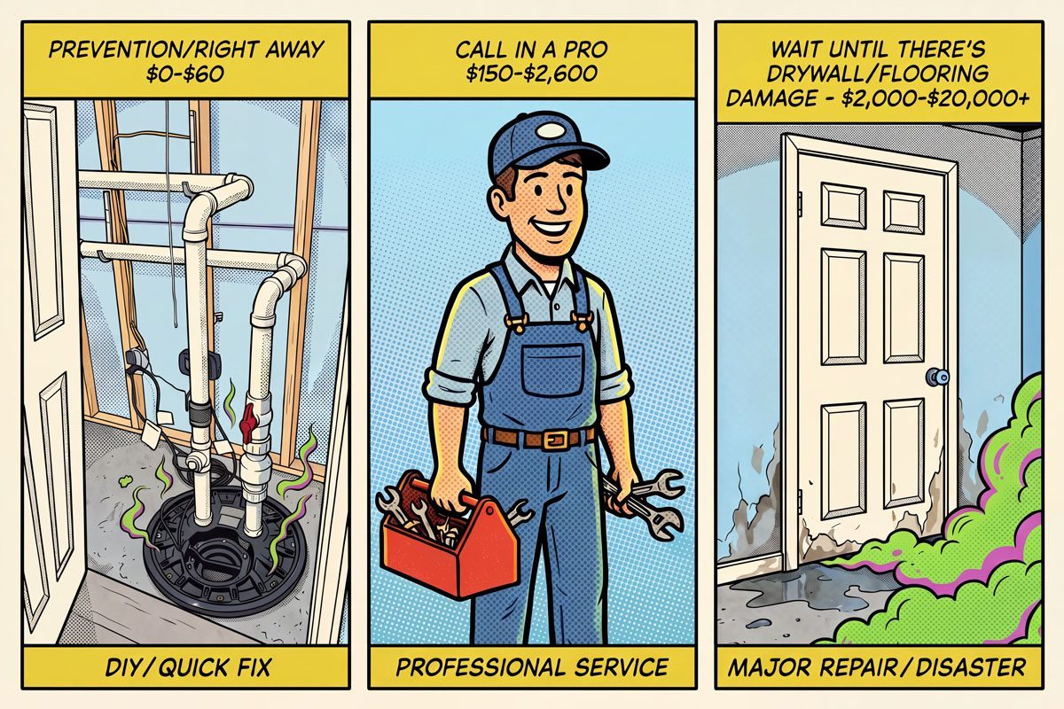 Domestic Disasters #4 Cost Differential graphic showing three comic book panels for DIY/Quick Fix, Call a Professional, and Waiting until disaster