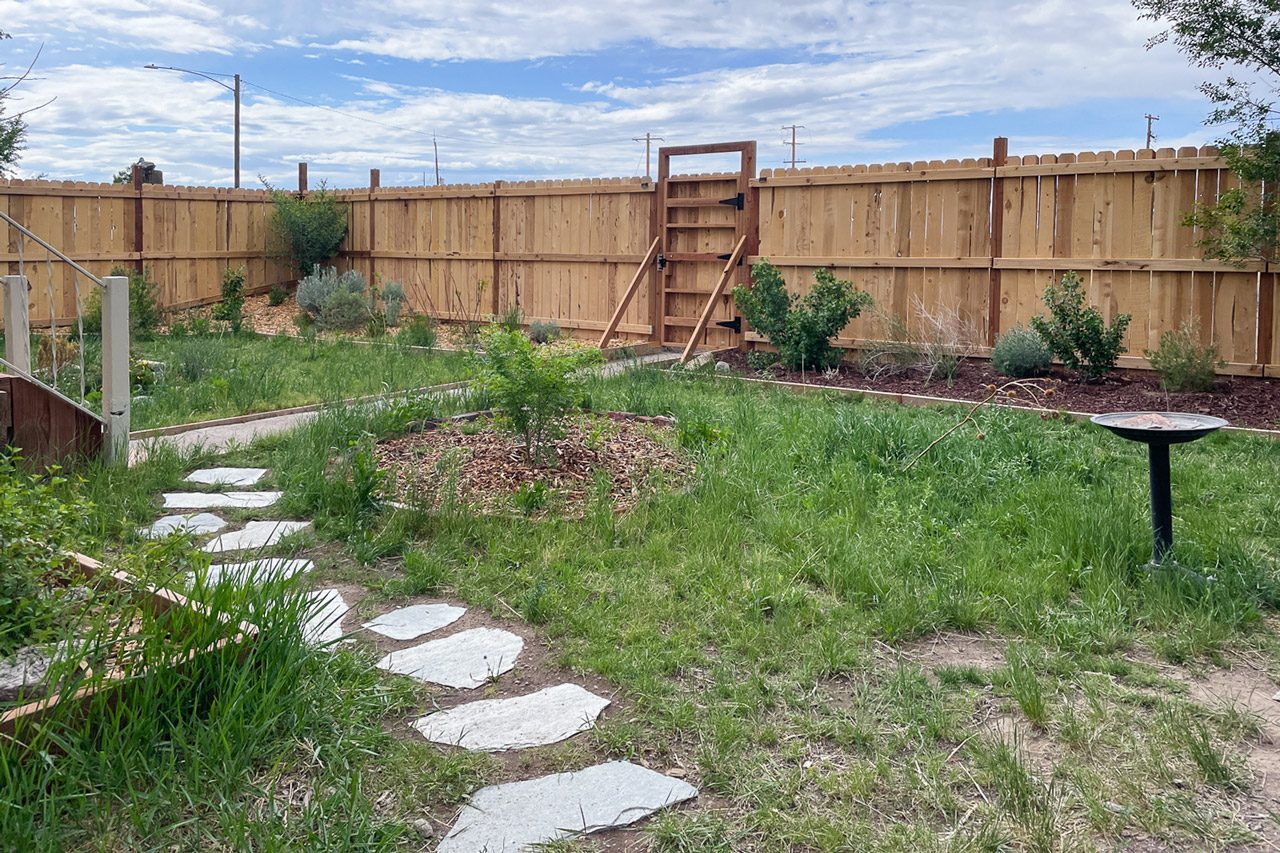 rock pathway in a yard lawn with border fence