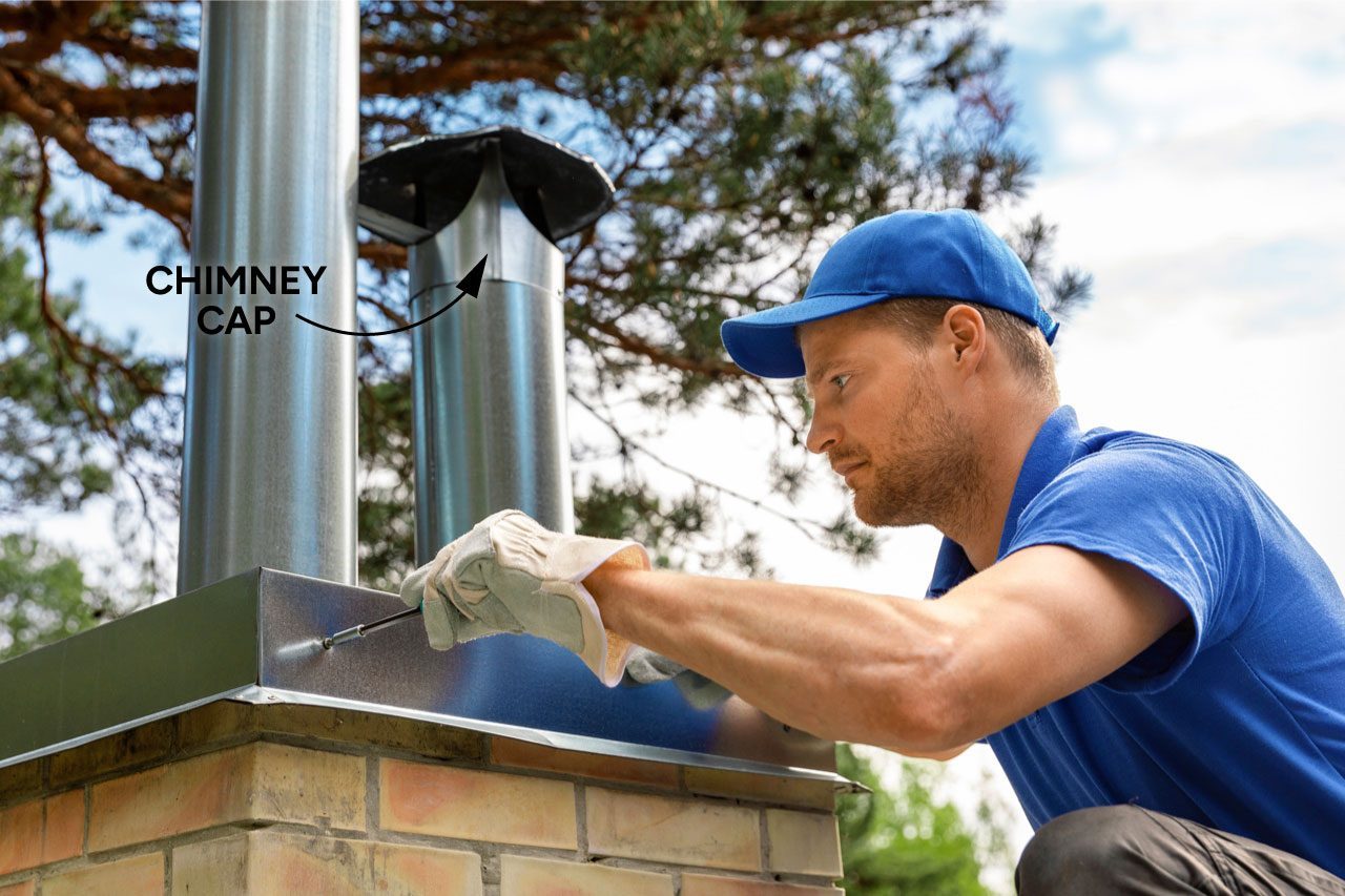 worker on the roof installing tin cap on the brick chimney