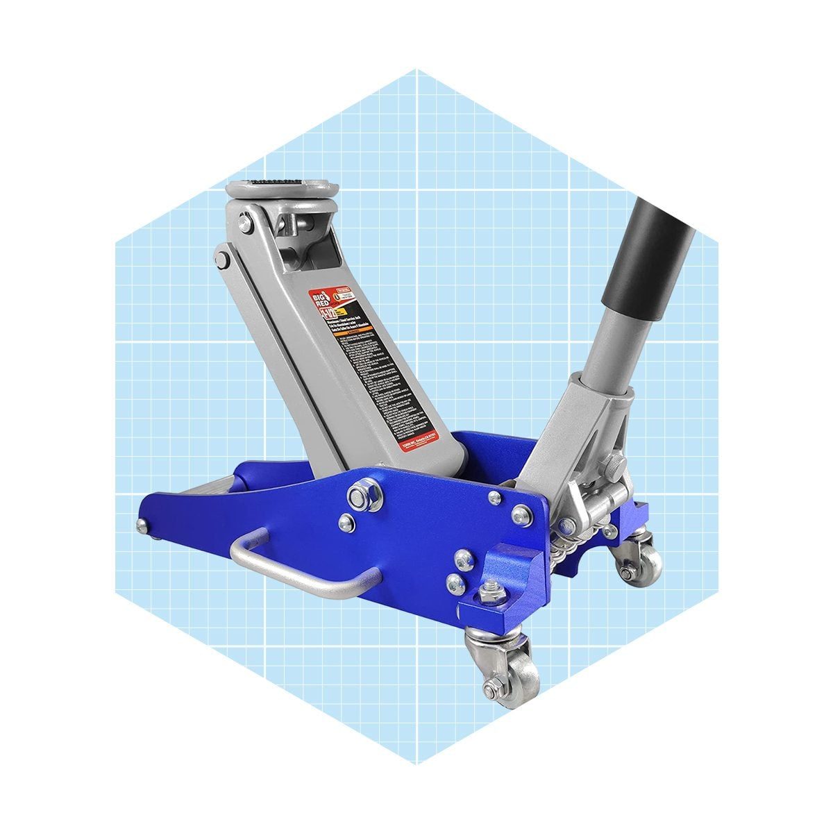A hydraulic car jack is positioned upright, ready for lifting. Its sturdy blue base includes wheels, set against a light blue grid backgroun