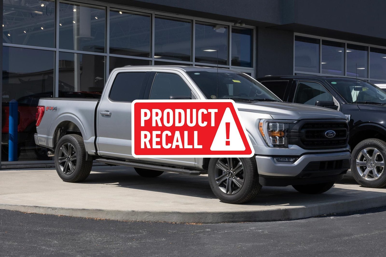 Gray Ford F150 with a red product recall sticker overlaid