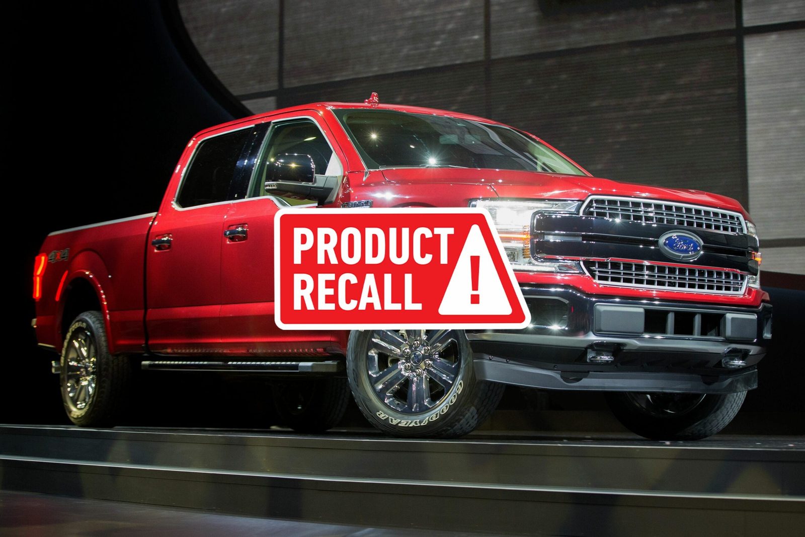 Red 2018 Ford F-150 truck with a red "product recall" sticker overlaid