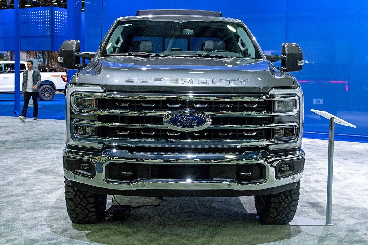 The Ford Super Duty Truck, a North American Car, Truck and Utility Vehicle of the Year finalist, sits on display at the North American Inter