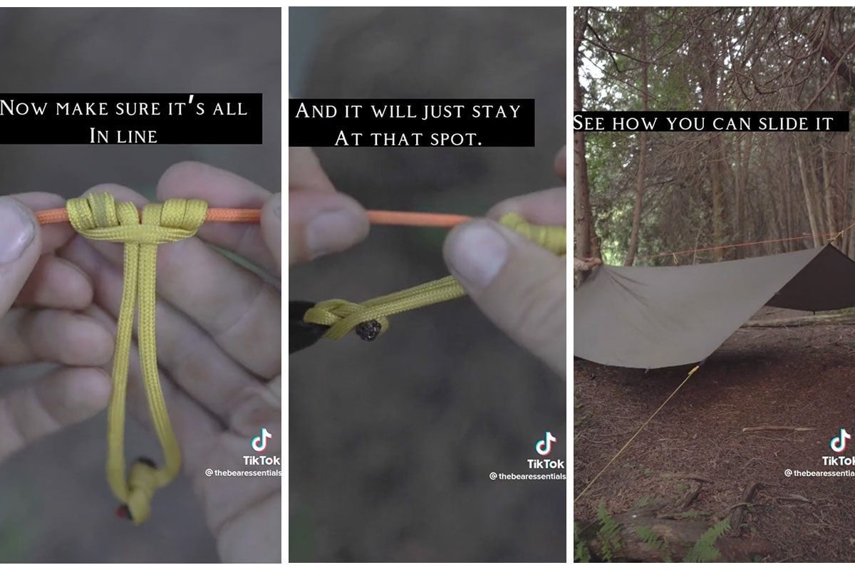 A person demonstrates tying knots with colored paracord, showing how to secure a tarpaulin for camping in a wooded area.