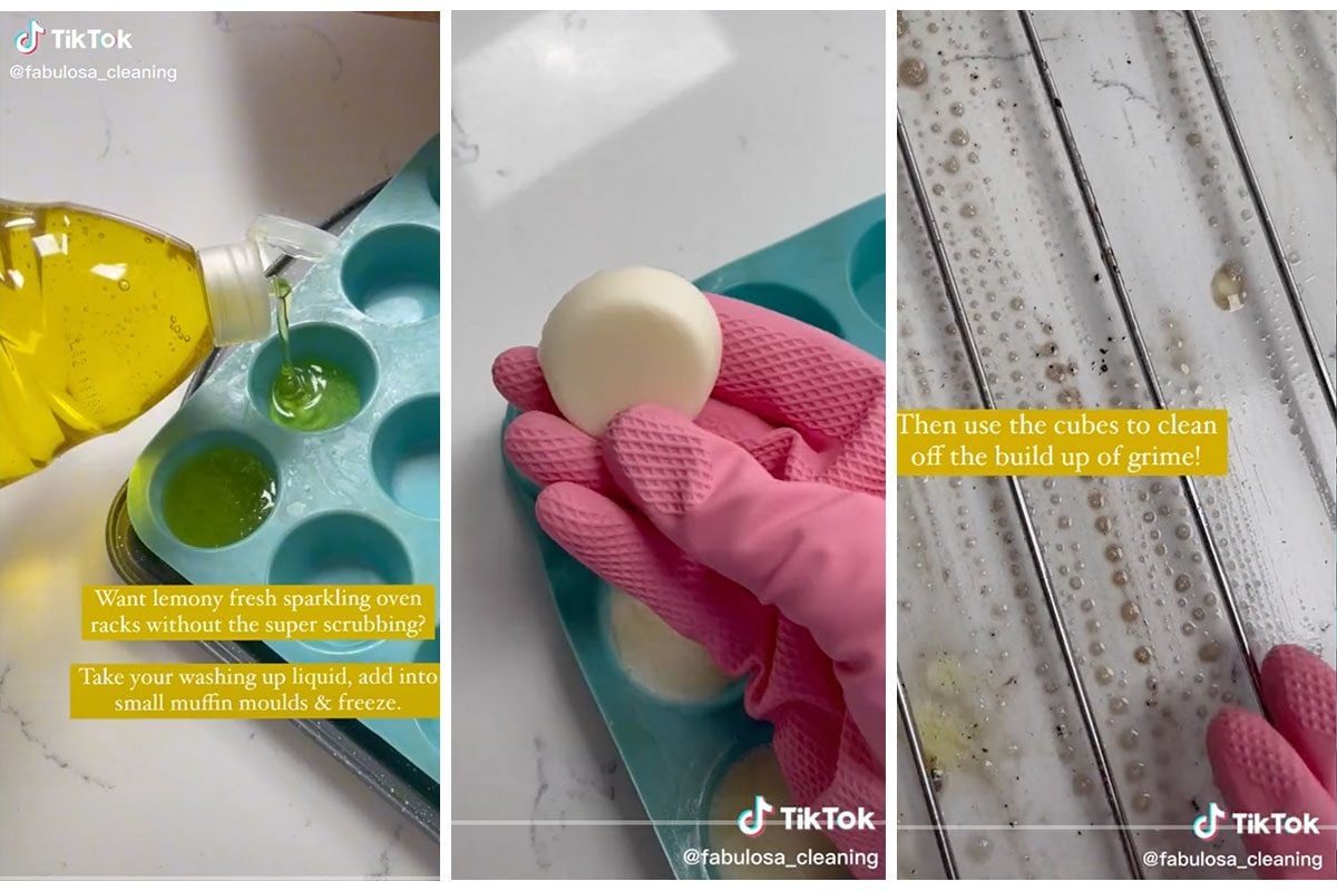 A person pours liquid into a muffin mold, holding a frozen cleaning cube, while showcasing dirty oven racks needing cleaning.