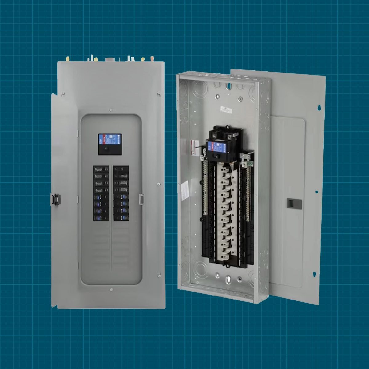 A wall-mounted electrical panel is open, displaying circuit breakers and digital displays, set against a grid-patterned blue background.