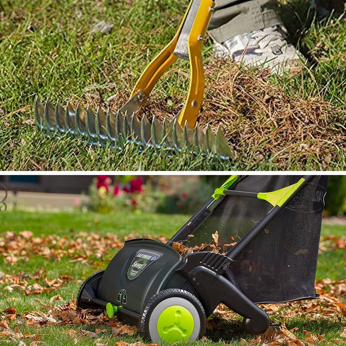 A gardening rake clears grass and debris while a leaf vacuum collects fallen leaves from a lawn surrounded by colorful flowers and greenery.