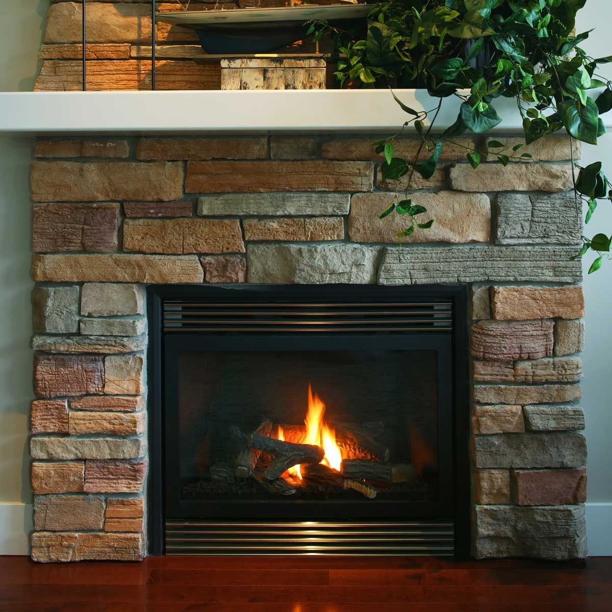 A stone fireplace emits a soft flame, resting on a polished wooden floor, adorned with greenery on a ledge above it and shelves behind.