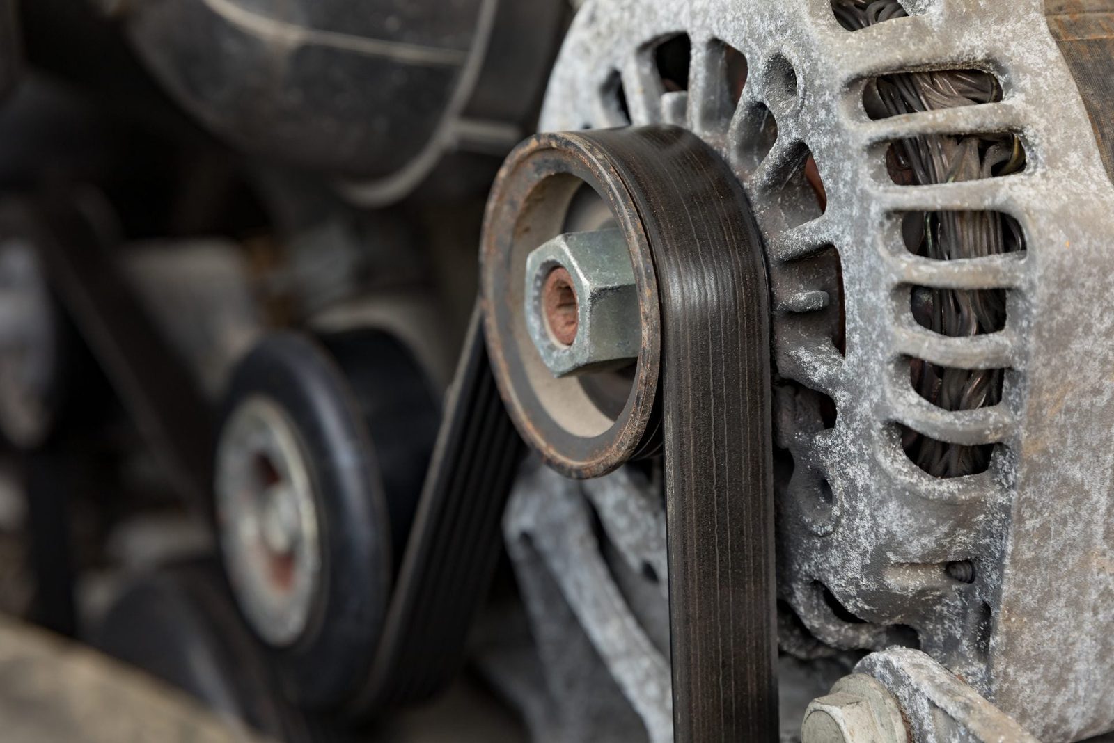 A metal alternator with a belt is situated in an engine compartment, showing wear and grime, indicating usage within a vehicle's mechanics.