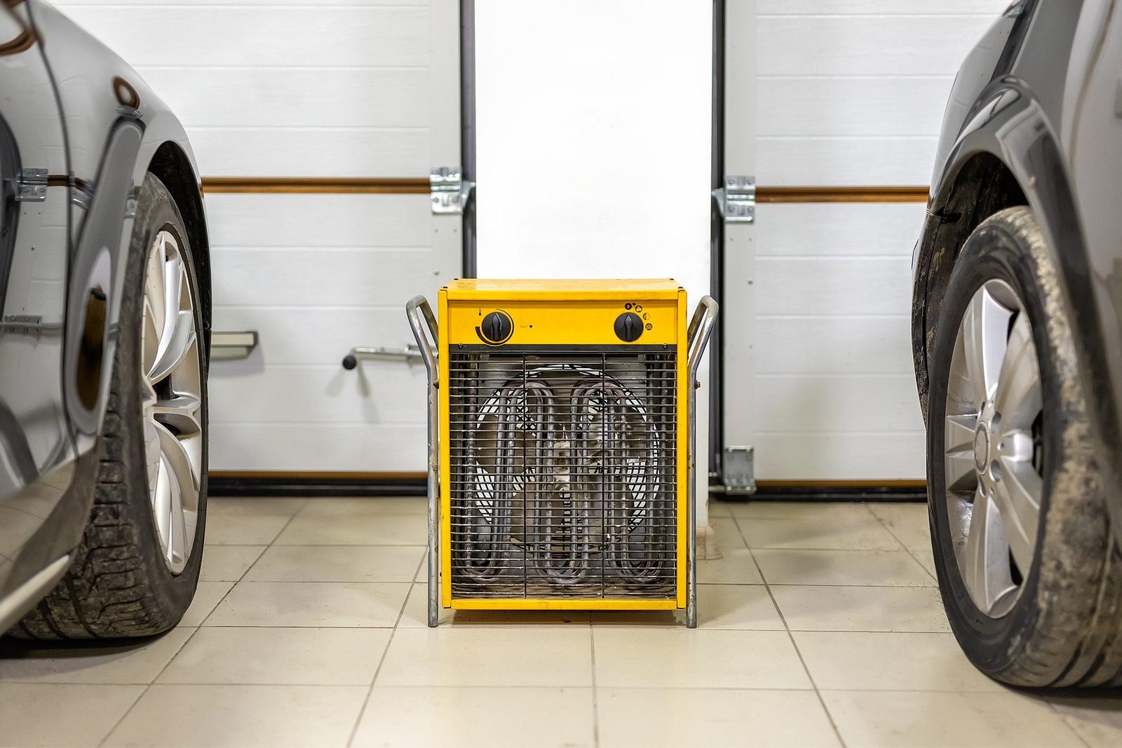A yellow heater stands between two cars, positioned on tiled garage flooring, while facing a white garage door in the background.