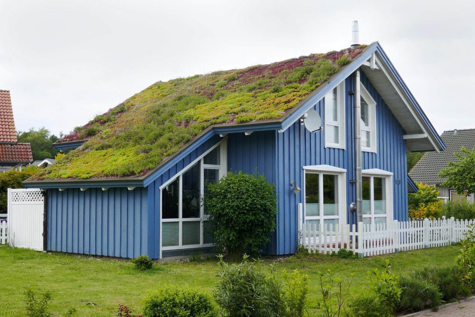 A blue wooden house features a green, plant-covered roof. It stands in a grassy area, bordered by a white picket fence and other houses near