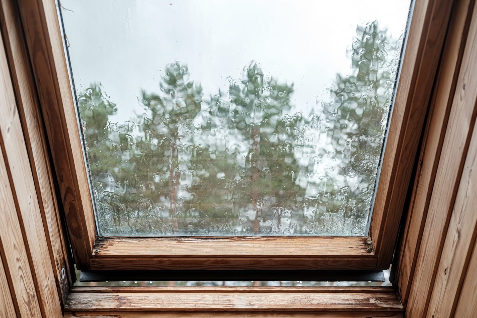 A skylight with raindrops obscures the view of tall trees under a cloudy sky, framed by wooden surrounding.