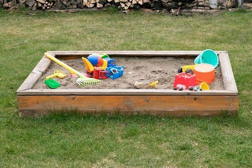 A wooden sandbox filled with sand contains various colorful toys, including buckets and shovels, situated on grassy ground, surrounded by a