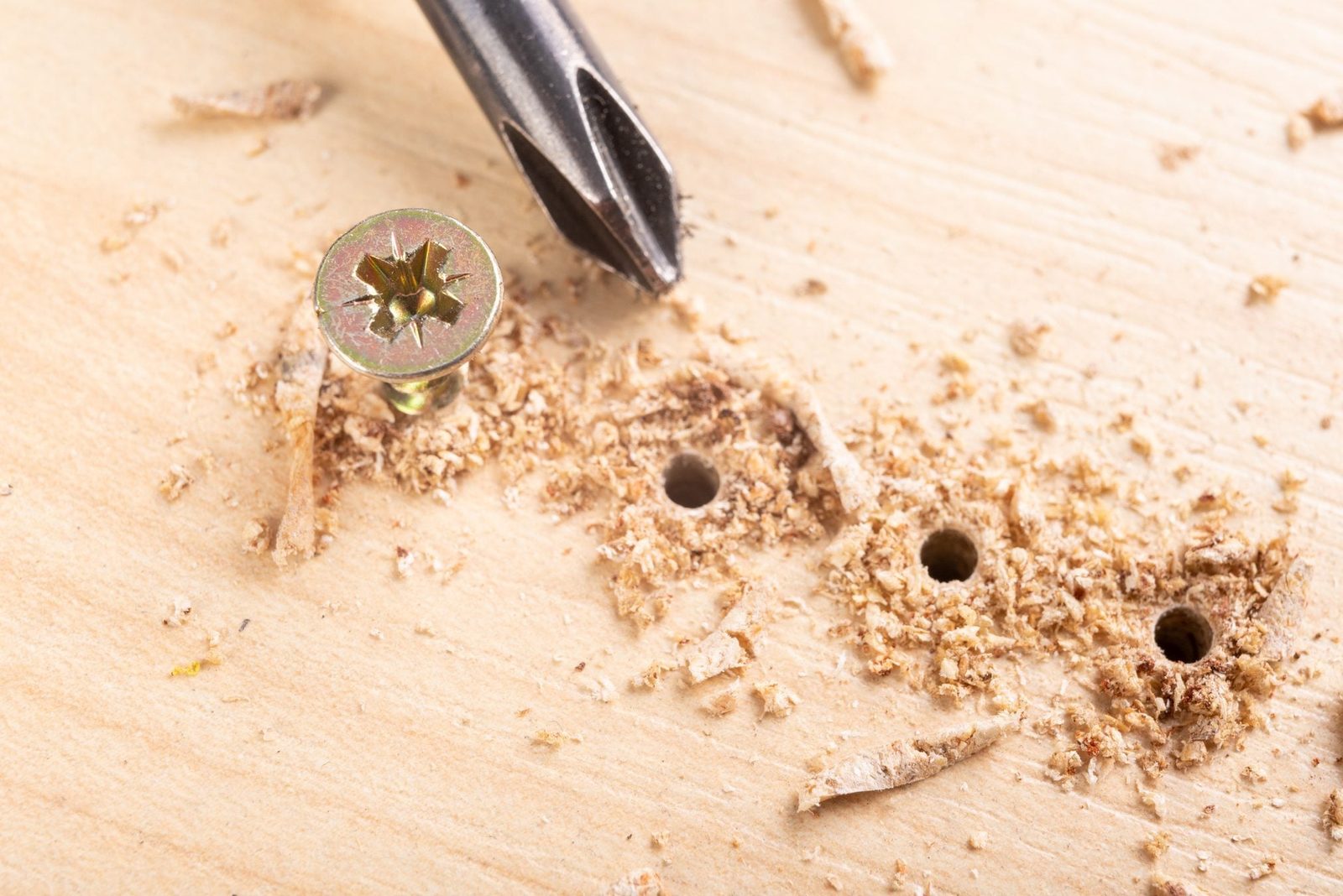 A screw rests on a wooden surface, surrounded by sawdust, with a screwdriver positioned nearby, indicating an ongoing assembly or constructi