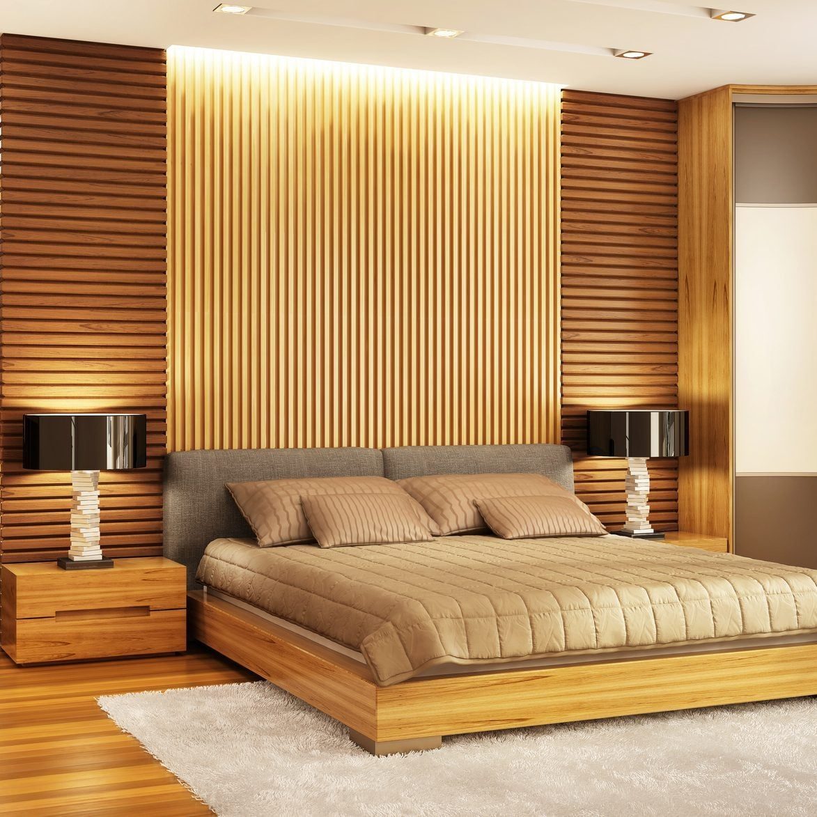 A wooden bed with beige bedding rests on a plush rug, complemented by modern lamps beside it, set against a textured wooden wall.