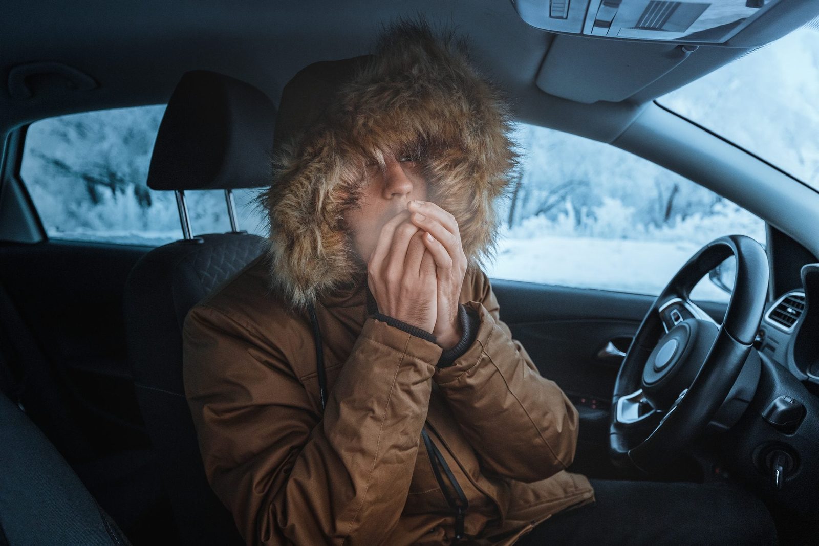 A person in a fur-lined hooded jacket warms their hands inside a car, surrounded by a snowy landscape visible through the fogged window.