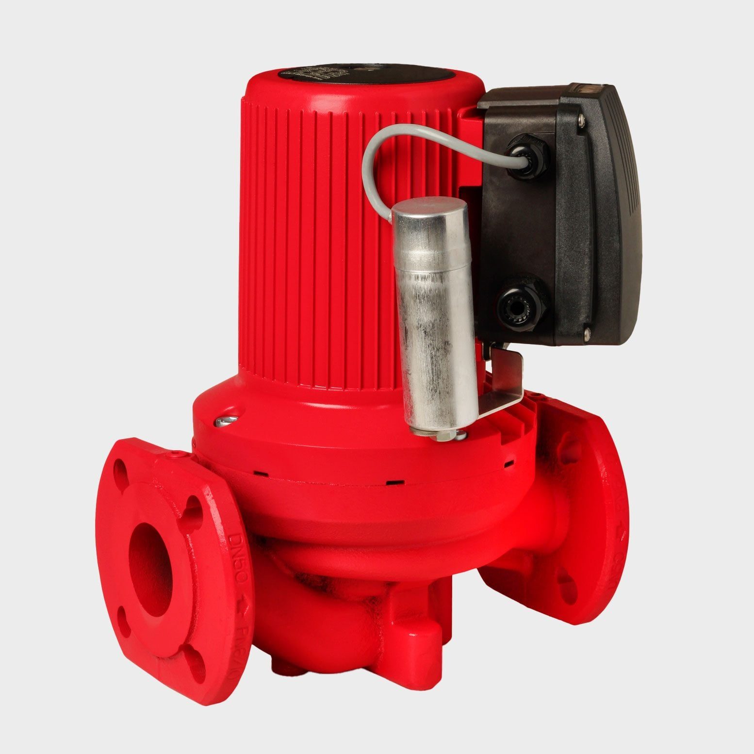 A red electric pump stands upright, actively designed for fluid movement, with a motor on the side and flanged inlets for connection.