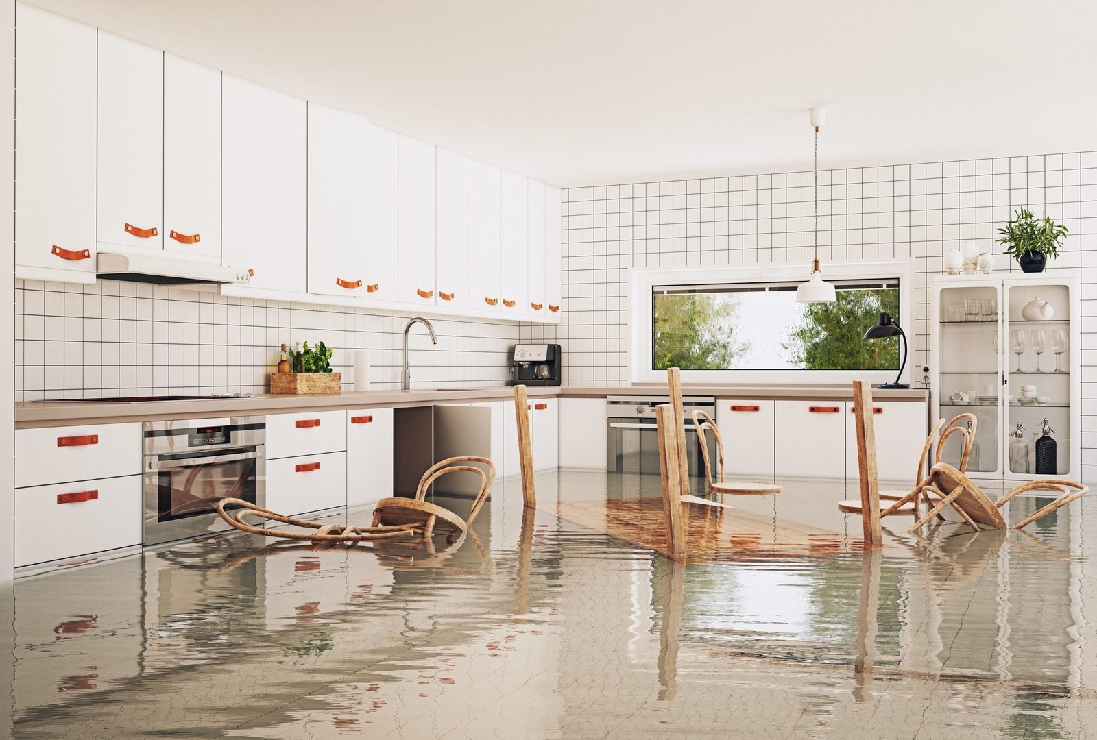 A flooded kitchen features chairs overturned on the water-covered floor, alongside white cabinetry and a large window that overlooks greener
