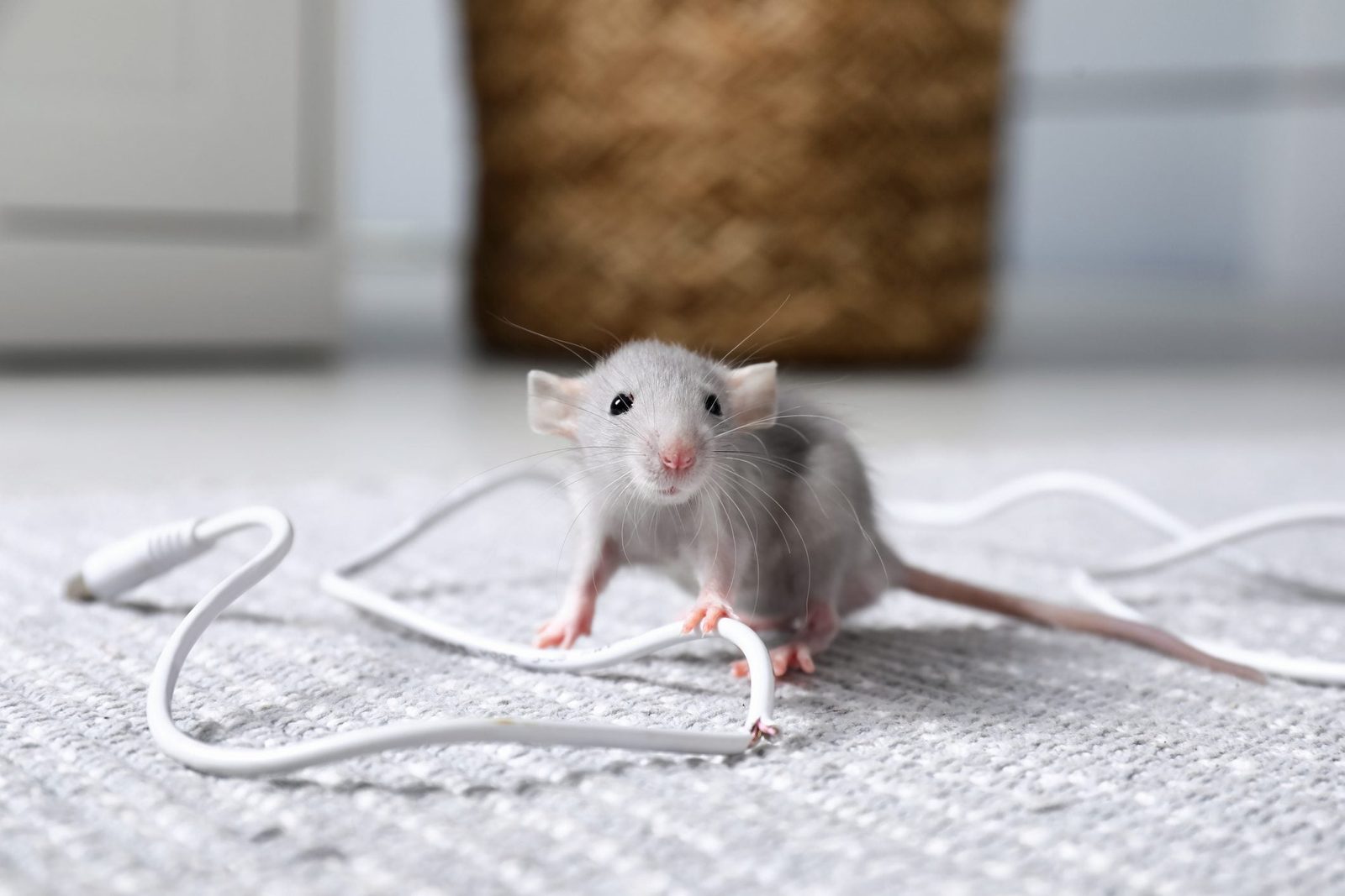 Rat with chewed electric wire on floor indoors. Pest control
