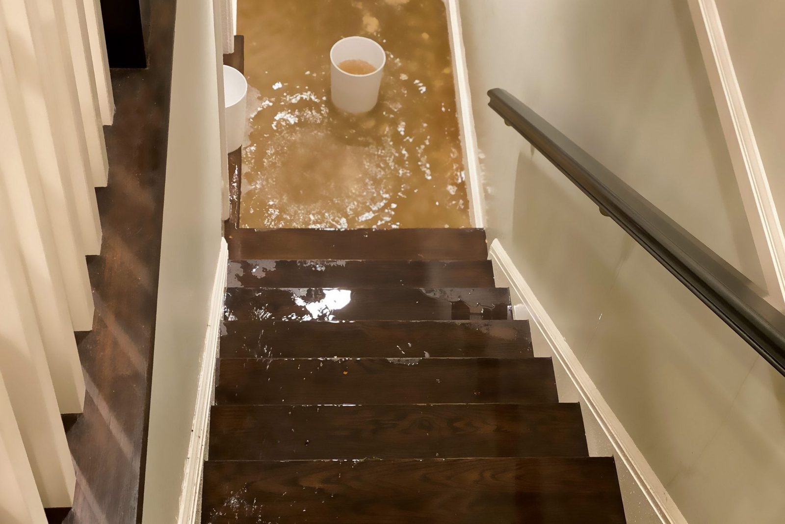A staircase is submerged in water, with a bucket placed at the bottom. The surrounding floor is also covered in murky liquid.