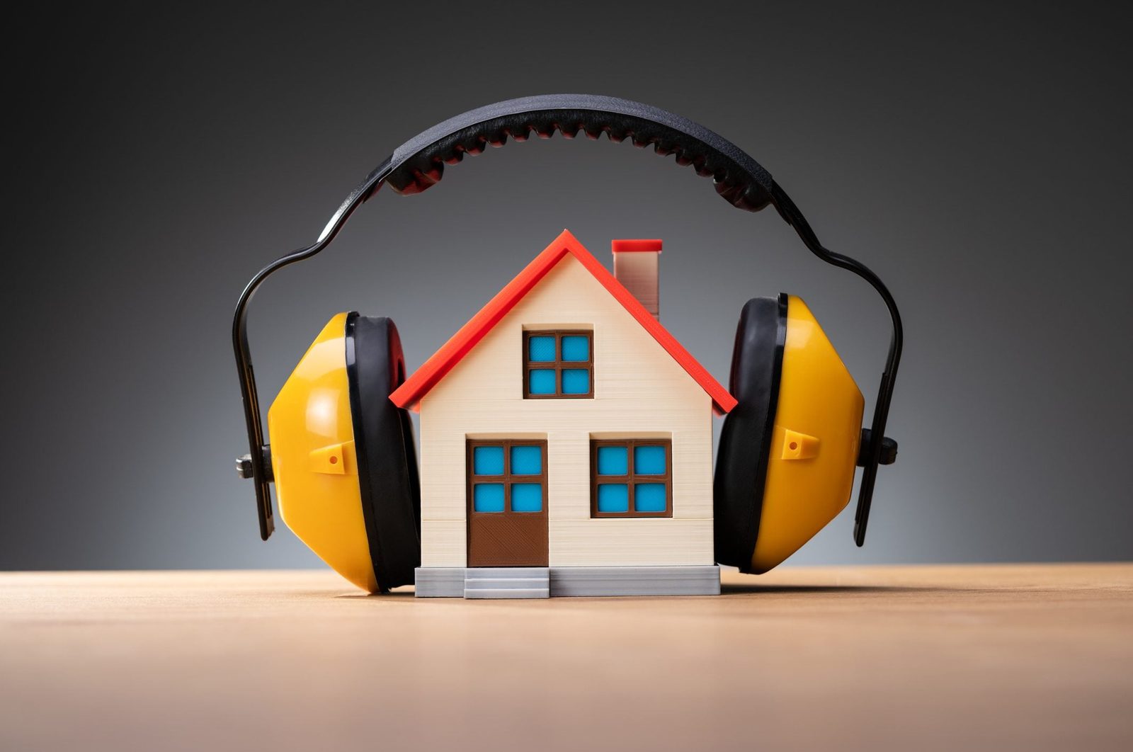 A model house sits on a wooden surface, flanked by yellow ear protection, against a dark, gradient background.