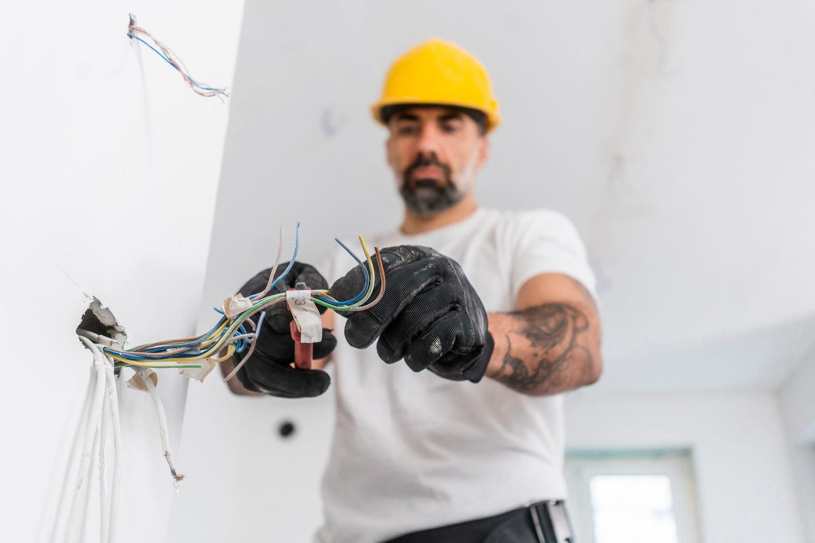An electrician manipulates exposed wires from a wall, wearing gloves and a hard hat, in a partially finished room with white walls.