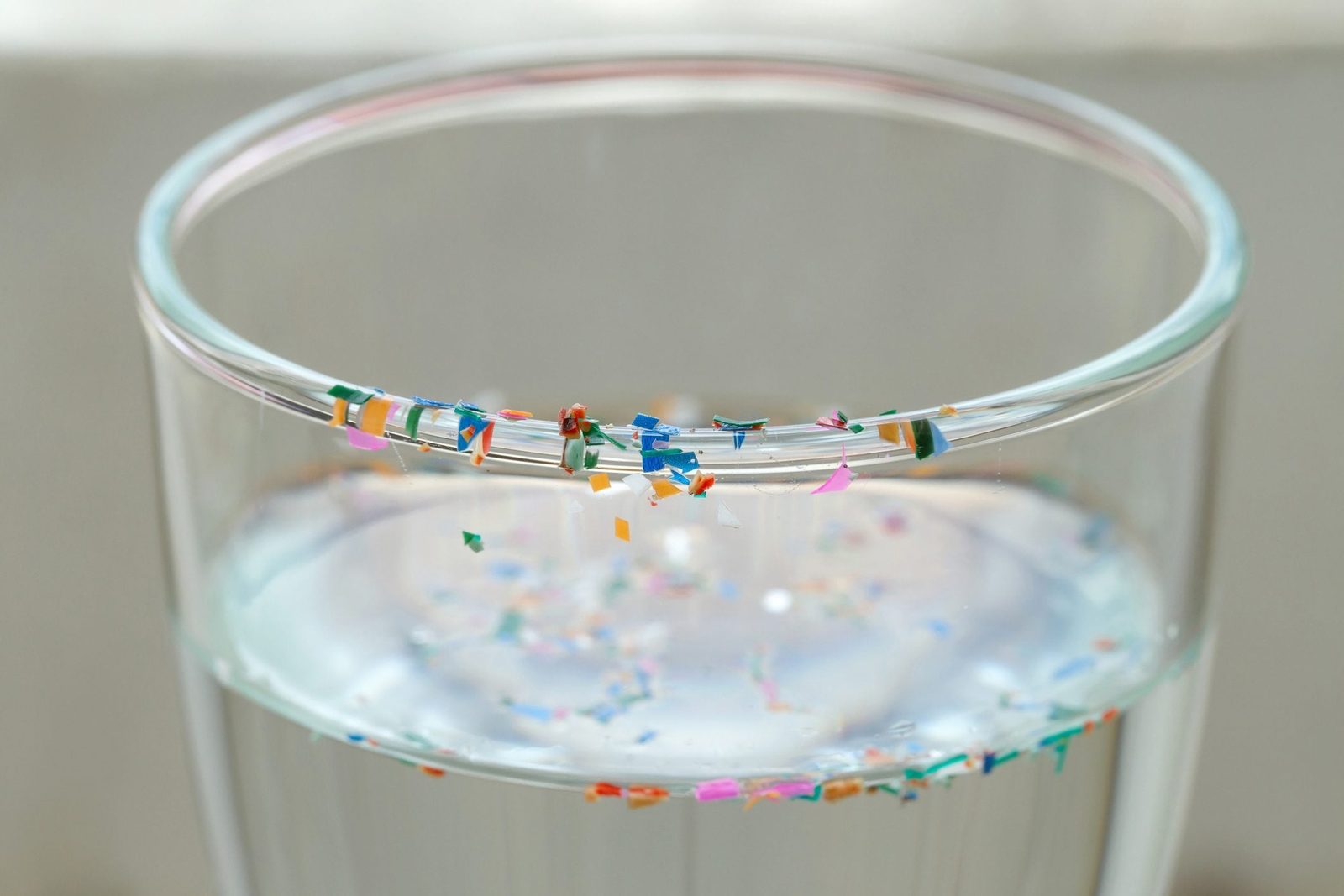 A clear glass contains water with colorful plastic fragments floating on the surface, set against a softly blurred background.