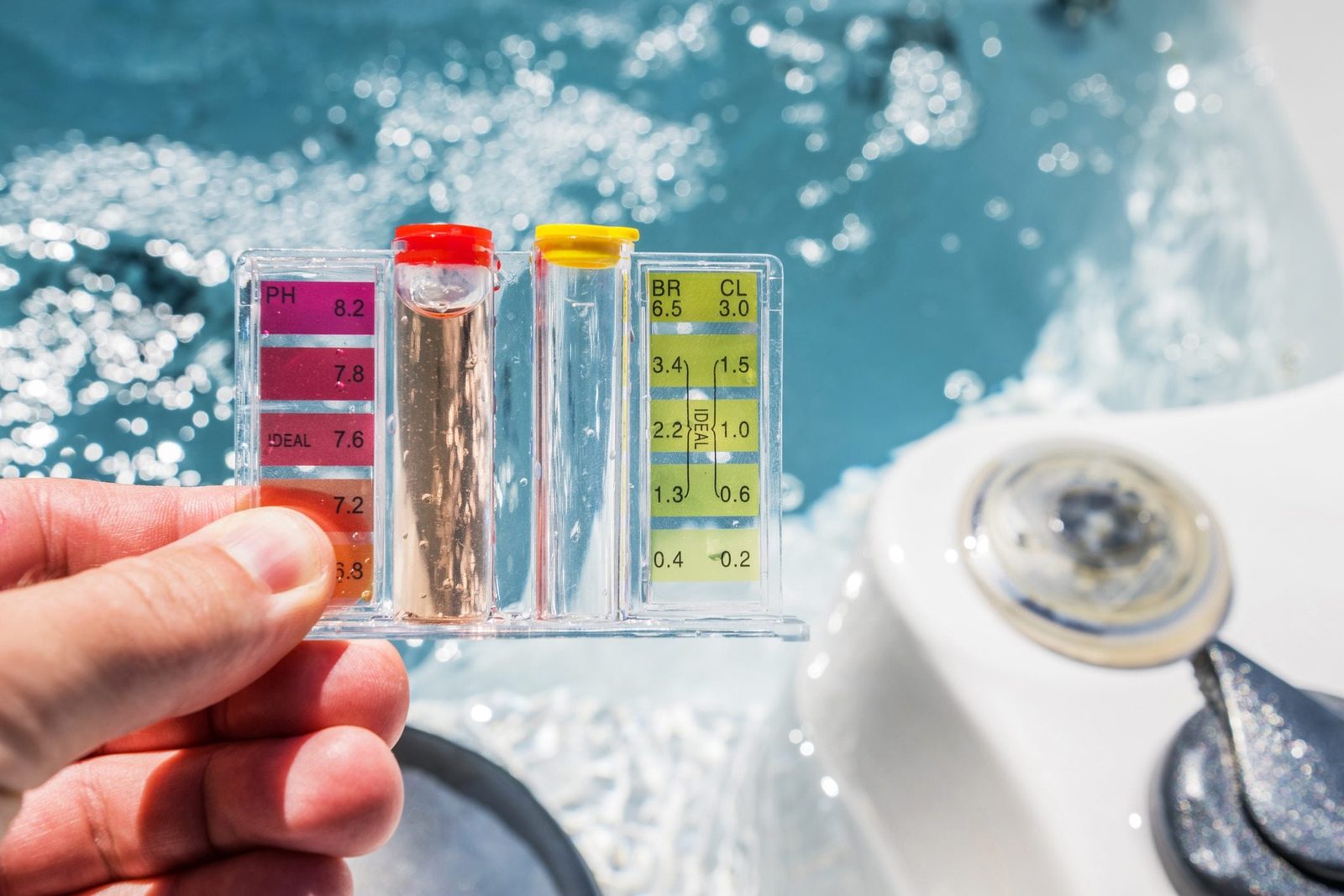 A person holds a water testing kit displaying pH and bromine/chlorine levels above a bubbling hot tub, reflecting a sunny outdoor environmen