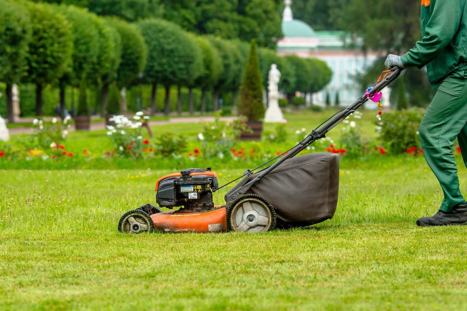 A person mows grass with a gas-powered lawn mower in a well-maintained garden filled with flowers and trimmed trees.